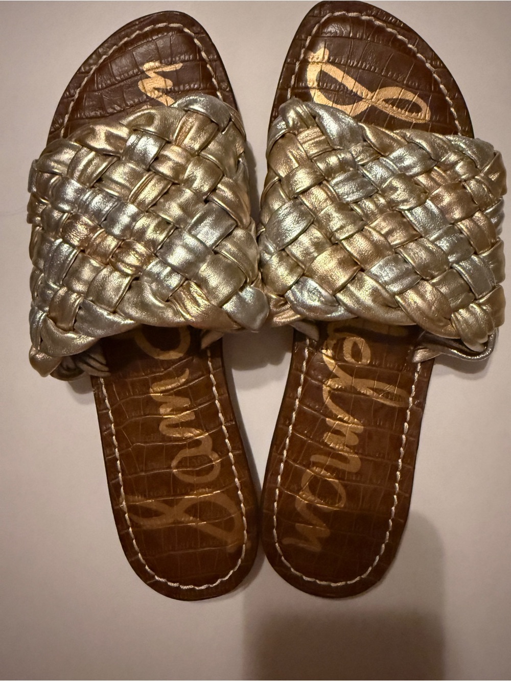 New Sam Edelman Griffin Woven Slide Sandals in metallic gold leather, size 9